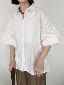FRIFUL Women's Dropped Shoulder Pleated Lantern Sleeve Loose Blouse Fall - White - View 3