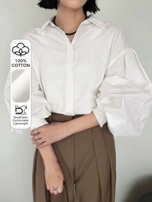 FRIFUL Women's Dropped Shoulder Pleated Lantern Sleeve Loose Blouse Fall - White - View 4