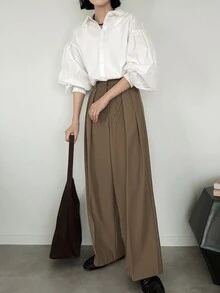 FRIFUL Women's Dropped Shoulder Pleated Lantern Sleeve Loose Blouse Fall - White - View 6