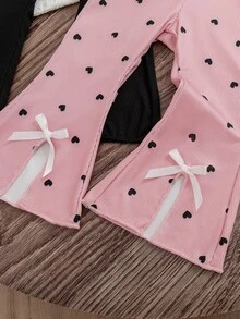 SHEIN Vintaside Kids 2025夏季新款女嬰2件套休閒舒適咖啡色與黑色拼接開衩長褲，附可愛蝴蝶結，Long Lake休閒褲套裝 - 彩色 - 查看 4