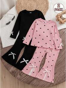 SHEIN Vintaside Kids 2025夏季新款女嬰2件套休閒舒適咖啡色與黑色拼接開衩長褲，附可愛蝴蝶結，Long Lake休閒褲套裝 - 彩色 - 查看 2