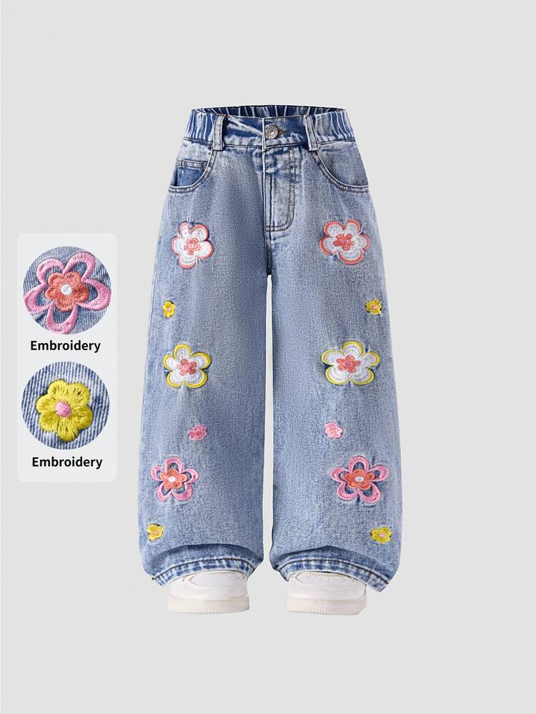 SHEIN ChillGRL Young Girl Blue Washed Floral Embroidery Wide-Leg Jeans,Fashion Sweet Flowers Denim Pants For 4-8 Year Old,Pastel Cheery Jeans For 4t Autumn Fall - Blue - View 7