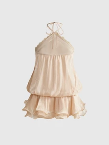 Sweetness Gaun Mini Wanita Romantis Bahan Chiffon dengan Leher Halter, Hiasan Renda dan Ruffle Ringan - Aprikot - View 2