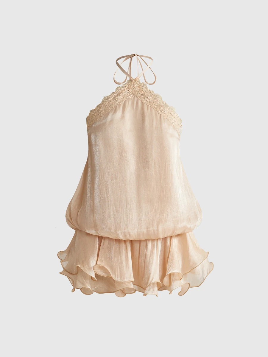 Sweetness Gaun Mini Wanita Romantis Bahan Chiffon dengan Leher Halter, Hiasan Renda dan Ruffle Ringan - Aprikot - View 1