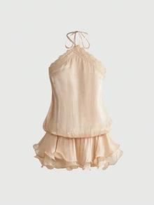 Sweetness Gaun Mini Wanita Romantis Bahan Chiffon dengan Leher Halter, Hiasan Renda dan Ruffle Ringan - Aprikot - View 5