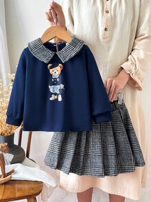 SHEIN 2件組女嬰襯衫裙套裝，學院風甜美風，海軍藍灰色格紋熊圖案，長袖彼得潘領，標準版型，百褶裙，適合學校穿著、秋季、周歲生日公主風 - 藏蓝色 - 查看 4