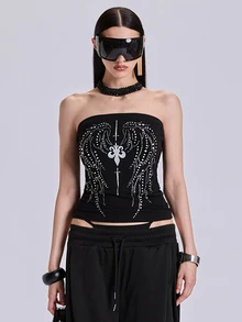ACID BLVD Spring/Autumn Punk Street Y2K Hot Girl Metal Studded Wing Pattern Tube Top - Dark Grey - View 6