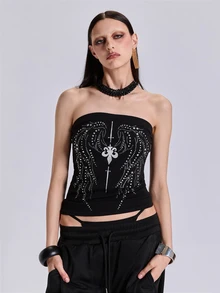 ACID BLVD Spring/Autumn Punk Street Y2K Hot Girl Metal Studded Wing Pattern Tube Top - Dark Grey - View 5