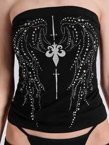 ACID BLVD Spring/Autumn Punk Street Y2K Hot Girl Metal Studded Wing Pattern Tube Top - Dark Grey - View 2