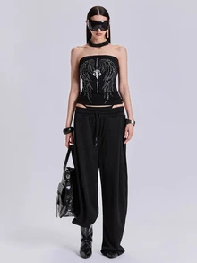 ACID BLVD Spring/Autumn Punk Street Y2K Hot Girl Metal Studded Wing Pattern Tube Top - Dark Grey - View 3