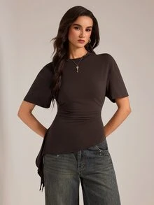 SHEIN Tall Solid Ruched Draped Side Slim Waist Top - Brown - View 1