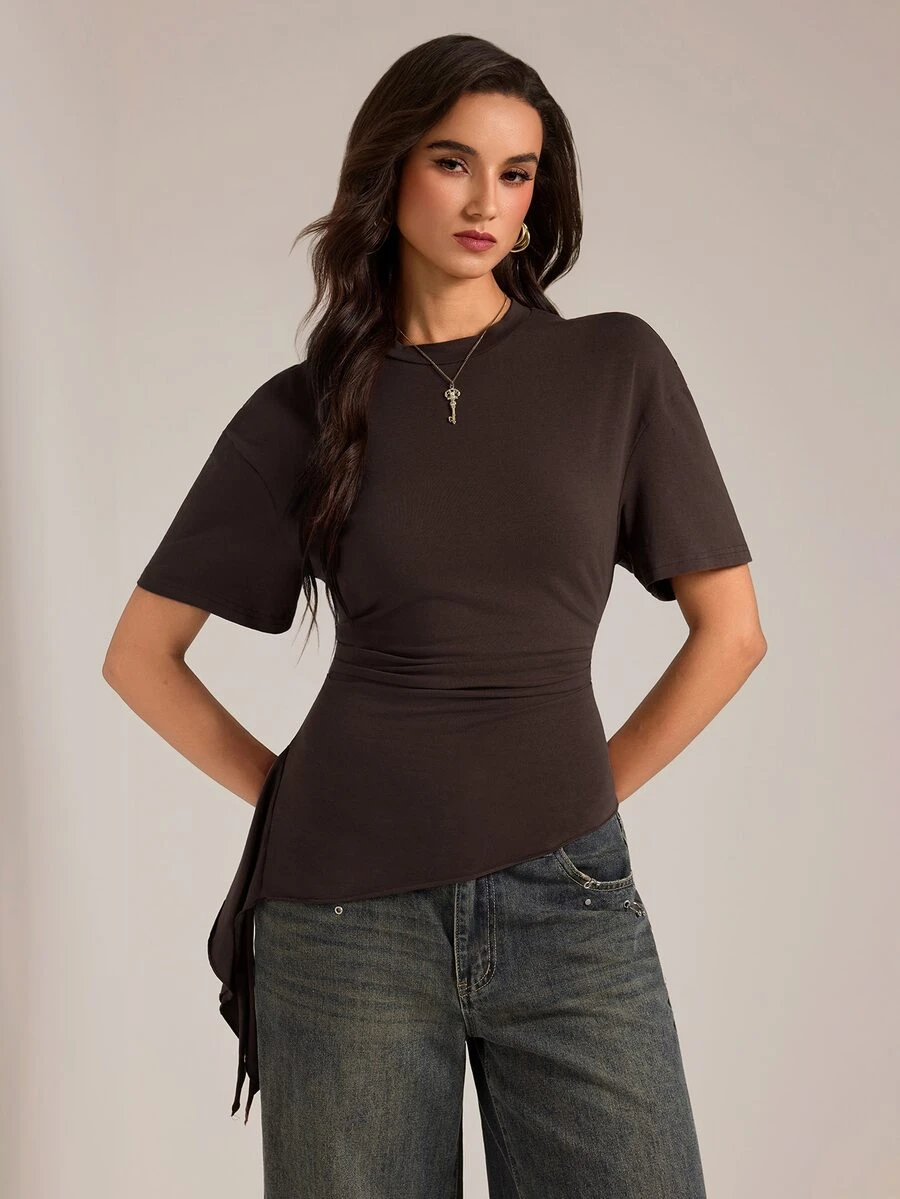 SHEIN Tall Solid Ruched Draped Side Slim Waist Top - Brown - View 1