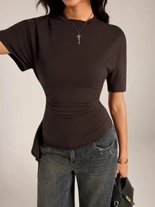 SHEIN Tall Solid Ruched Draped Side Slim Waist Top - Brown - View 6