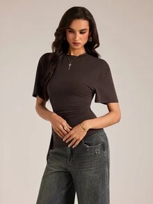 SHEIN Tall Solid Ruched Draped Side Slim Waist Top - Brown - View 4