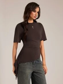 SHEIN Tall Solid Ruched Draped Side Slim Waist Top - Brown - View 3
