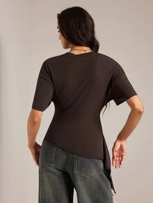SHEIN Tall Solid Ruched Draped Side Slim Waist Top - Brown - View 2