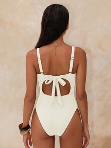 Swim Chiccia Women's Summer Beach Solid Color Ribbed Fabric Thick Strap Deep V-Neck Ruched Underbust Back Tie Shaping Tummy Control Elastic Comfortable Casual Vacation One-Piece Swimsuit - Beige - View 2