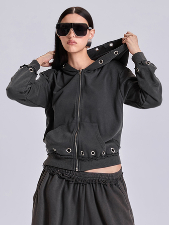 sweat-shirt décontracté streetwear Y2K sport ample avec détails œillets et déchirures, pour printemps, automne et hiver