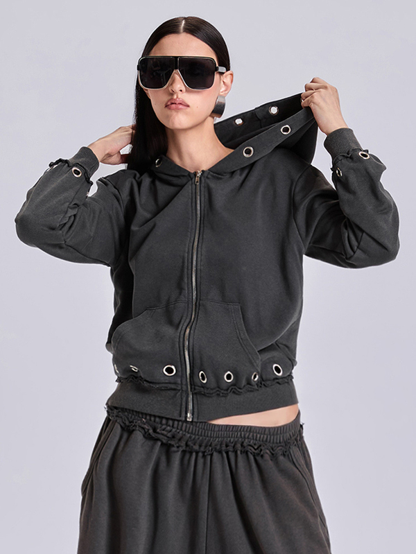 ACID BLVD Spring Autumn Winter Casual Streetwear Y2K Sporty Loose Fit Distressed Ripped Sweatshirt With Eyelet Detail