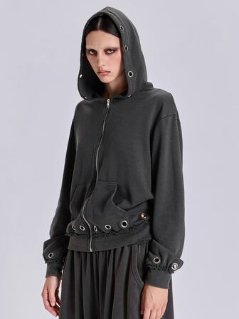 Frühling Herbst Winter Lässig Streetwear Y2K Sportlich Lockerer Schnitt Zerrissener Sweatshirt mit Ösen-Detail
