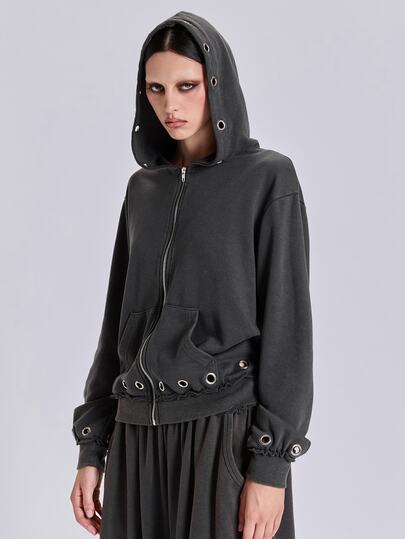 Frühling Herbst Winter Lässig Streetwear Y2K Sportlich Lockerer Schnitt Zerrissener Sweatshirt mit Ösen-Detail