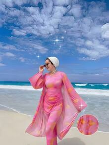Swim Shayni 女款紮染印花四件套：交叉前長袖上衣、高腰長褲、網紗裙、喇叭袖罩衫，適合春夏海灘、郵輪、度假、游泳、防曬 - 彩色 - 查看 5