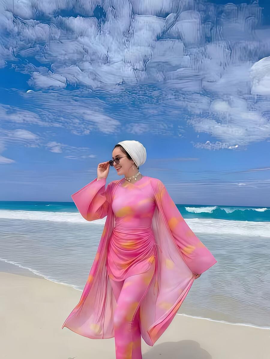 Swim Shayni 女款紮染印花四件套:交叉前長袖上衣、高腰長褲、網紗裙、喇叭袖罩衫,適合春夏海灘、郵輪、度假、游泳、防曬 - 彩色 - 查看 1