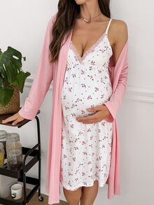 Moonlight&Mama 2件組優雅碎花蕾絲拼接細肩帶洋裝與純色棉混紡長袖開襟衫孕婦睡衣 - 彩色 - 查看 10