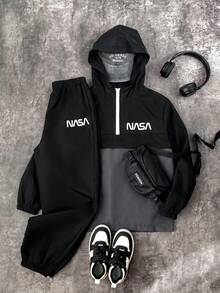 SHEIN 青少年男孩半拉鍊連帽夾克與慢跑褲2件套休閒運動風，適合秋冬通勤、上學、度假，四季街頭穿搭 - 彩色 - 查看 3