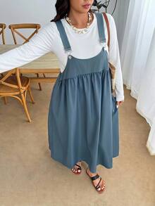 Enliva 大尺碼寬鬆黑色細肩帶洋裝，女款秋季服飾，秋季穿搭，鄉村風洋裝 - 藍色 - 查看 8
