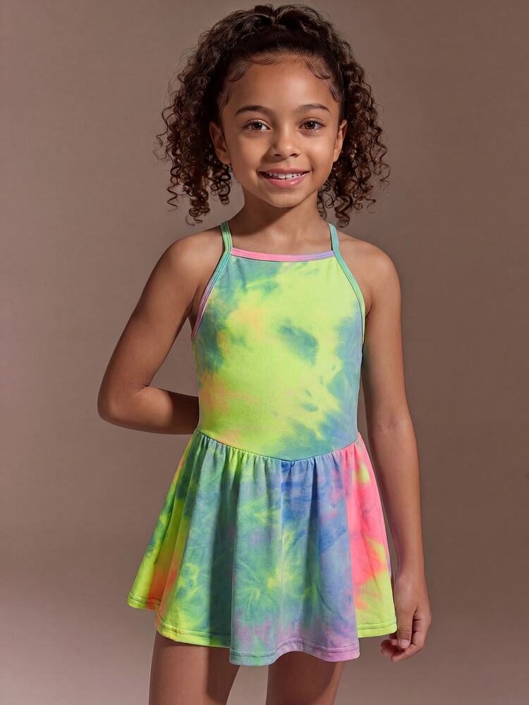 SHEIN Girls' Sports Dress With Tie-Dye Print And Ruffle Hem, Cute Style, Christmas And Back To School Season - Multicolor - View 4