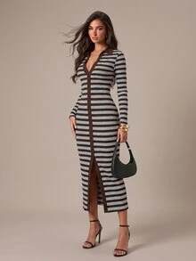Allurite Casual Sexy Brown Striped Ribbed Polo Collar Deep V-Neck Slim Fit Bodycon Long Sleeve Hem Split Women's Long Dress Fall Night Out Club Vacation - Brown - View 6