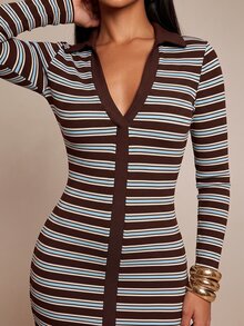 Allurite Casual Sexy Brown Striped Ribbed Polo Collar Deep V-Neck Slim Fit Bodycon Long Sleeve Hem Split Women's Long Dress Fall Night Out Club Vacation - Brown - View 4