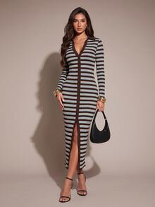 Allurite Casual Sexy Brown Striped Ribbed Polo Collar Deep V-Neck Slim Fit Bodycon Long Sleeve Hem Split Women's Long Dress Fall Night Out Club Vacation - Brown - View 5