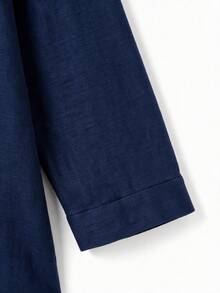 EMERY ROSE Casual Traditional Soft Form Formal Office Home Wear Pullover Top Half-Open Front Harajuku Style Linen Fabric Plus Size Shirt Navy Blue Autumn Women's - Navy Blue - View 7