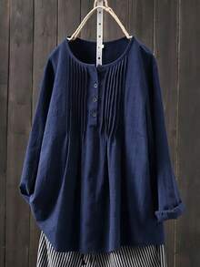 EMERY ROSE Casual Traditional Soft Form Formal Office Home Wear Pullover Top Half-Open Front Harajuku Style Linen Fabric Plus Size Shirt Navy Blue Autumn Women's - Navy Blue - View 1