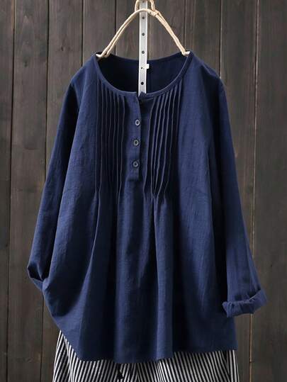 EMERY ROSE Casual Traditional Soft Form Formal Office Home Wear Pullover Top Half-Open Front Harajuku Style Linen Fabric Plus Size Shirt Navy Blue Autumn Women's