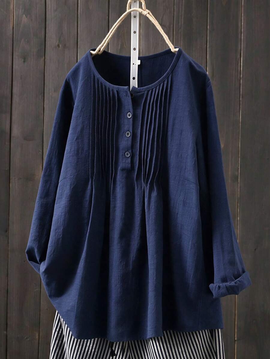 EMERY ROSE Casual Traditional Soft Form Formal Office Home Wear Pullover Top Half-Open Front Harajuku Style Linen Fabric Plus Size Shirt Navy Blue Autumn Women's - Navy Blue - View 1