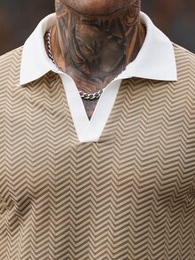 Manfinity CasualCool 舒適 W 網格卡其色上衣與斜紋長褲，男士 POLO 領短袖 T 恤與抽繩鬆緊腰 2 件套，休閒度假 - 卡其色 - 查看 5
