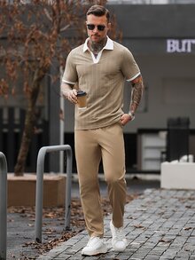 Manfinity CasualCool 舒適 W 網格卡其色上衣與斜紋長褲，男士 POLO 領短袖 T 恤與抽繩鬆緊腰 2 件套，休閒度假 - 卡其色 - 查看 6