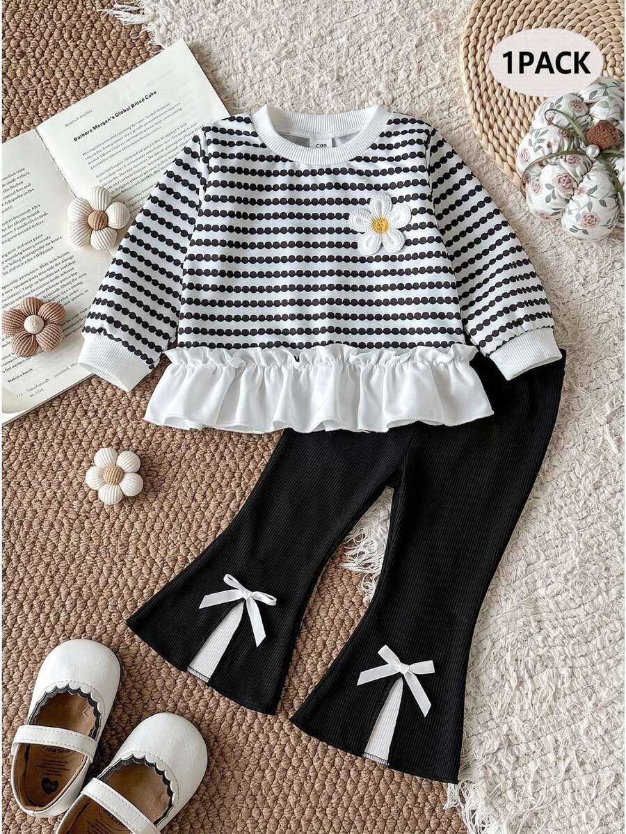 SHEIN Infant Girls Fashion Embroidered Lace Hem Printed Sweatshirt