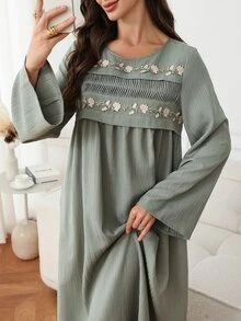 Yasmyna Women's Round Neck Applique Pleated Casual Party Travel Green Arabian Dress - Green - View 5