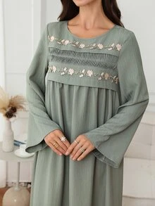 Yasmyna Women's Round Neck Applique Pleated Casual Party Travel Green Arabian Dress - Green - View 7
