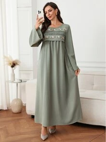 Yasmyna Women's Round Neck Applique Pleated Casual Party Travel Green Arabian Dress - Green - View 6