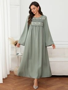 Yasmyna Women's Round Neck Applique Pleated Casual Party Travel Green Arabian Dress - Green - View 4