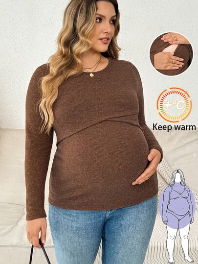Plussiva Plus Size Maternity Solid Nursing Detail Wrap Cross Top Fall