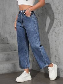 SHEIN ICON 大码女式休闲宽松直筒浅蓝色牛仔裤 - 中等水洗藍 - 查看 4