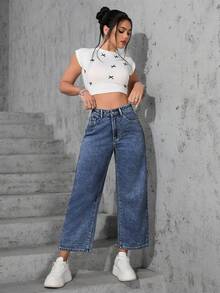 SHEIN ICON 大码女式休闲宽松直筒浅蓝色牛仔裤 - 中等水洗藍 - 查看 6