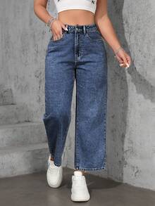 SHEIN ICON 大码女式休闲宽松直筒浅蓝色牛仔裤 - 中等水洗藍 - 查看 1