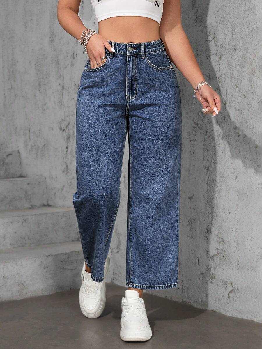 SHEIN ICON 大码女式休闲宽松直筒浅蓝色牛仔裤 - 中等水洗藍 - 查看 1